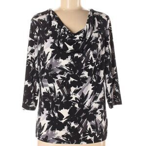 Ellen Tracy Draped Neck 3/4 Black White Floral Top Size Medium